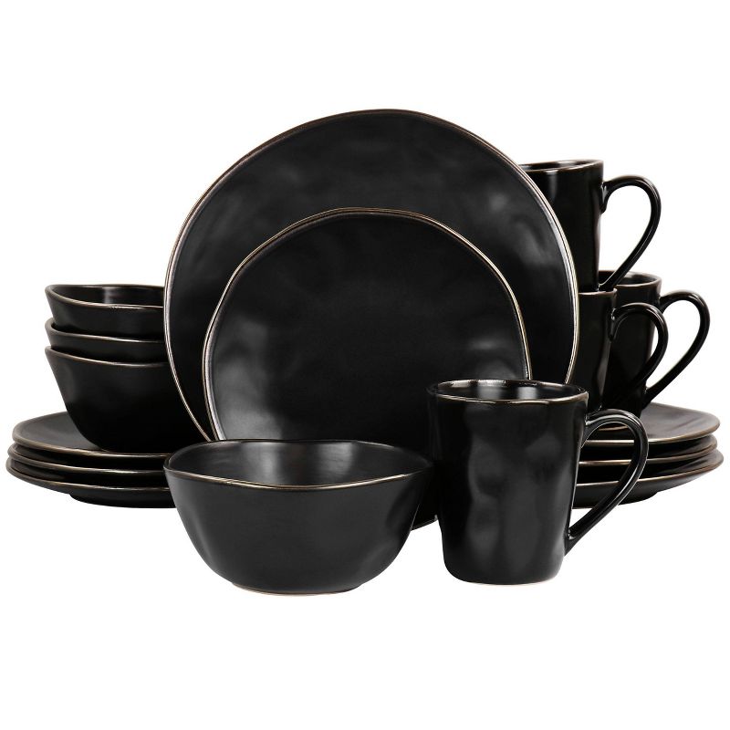 16pc Modern Stoneware Dinnerware Set with Rim Matte Black/Gold - Elama, 1 of 10