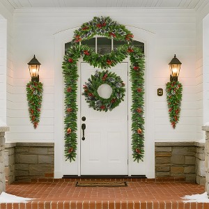 Jojoka Pre-Lit Frosted Christmas Wreath and Garland Set of 6, Christmas Decoration with Pine Cones, 1 Wreath,2 Teardrop Swag,2 Garlands,1 Arc Garland - 1 of 4