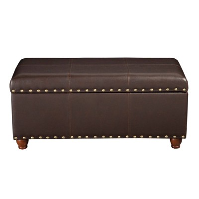 Leatherette Upholstered Wooden Storage Bench with Nail Head Trim Accent Brown - Benzara