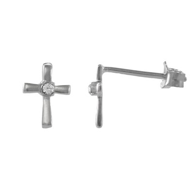 FAO Schwarz Sterling Silver Cross Stud Earrings with Crystal Stone Accent