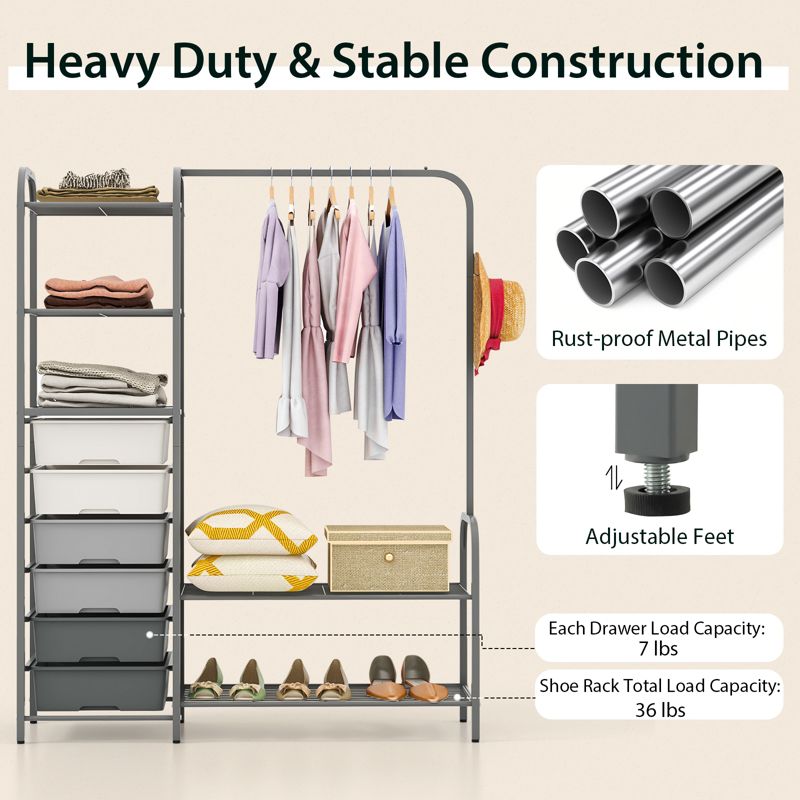 Heavy Duty Clothes Rack with 6 Removable Drawers 3-Tier Open Shelves & 2-Tier Metal Shoe Rack Side Hook Adjustable Feet, 5 of 11