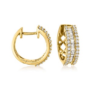 Ross-Simons 1.00 ct. t.w. Round and Baguette Diamond Hoop Earrings in 18kt Gold Over Sterling - 1 of 4