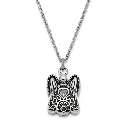 Black Bow Jewelry Antiqued Stainless Steel CZ Birthstone Angel Ash Holder Necklace 18 In