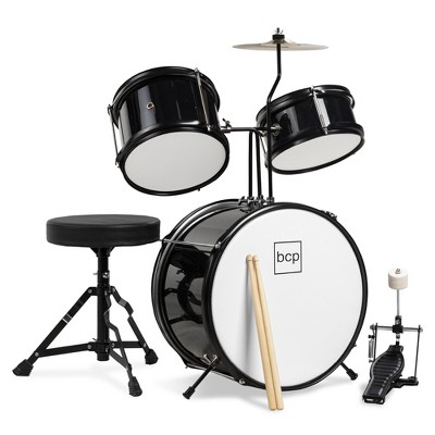 Best Choice Products Kids Beginner 3-Piece Drum, Musical Instrument Set w/ Sticks, Cushioned Stool, Drum Pedal - Black