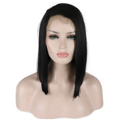 Unique Bargains Women's Medium Long Straight Hair Lace Front Wigs with Wig Cap 14" Black 1PC