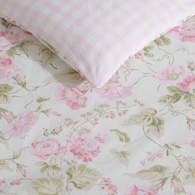 Pink Floral Cotton Full Reversible Bedspread Set