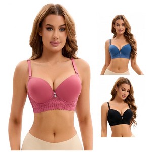 INSPIRE CHIC 3 Pcs Women's Lace Trim Underwire Adjustable Straps Plus Cup Size Push Up Bras - 1 of 4