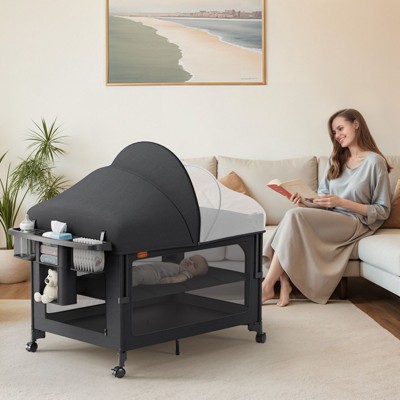 BabyBond 4 in 1 Baby Playard Baby Bassinet Beside Sleeper, Pack and Play, Diaper Changer with Mattress, Mosquito Net for Newborn to Toddles,Black