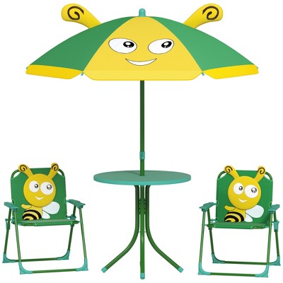 Qaba Kids Picnic Table and Chair Set, Outdoor Activity Table with 2 Foldable Chairs, Removable Umbrella, for Backyard, Garden