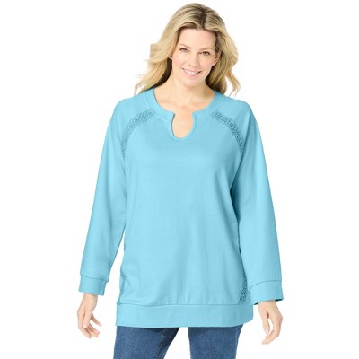 Woman Within Women's Plus Size Crochet Trim Sweatshirt
