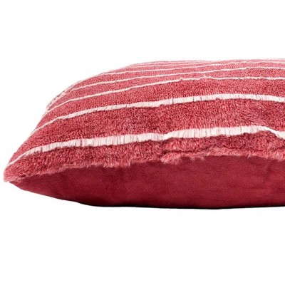 Red Striped Faux Fur 20" Square Accent Pillow