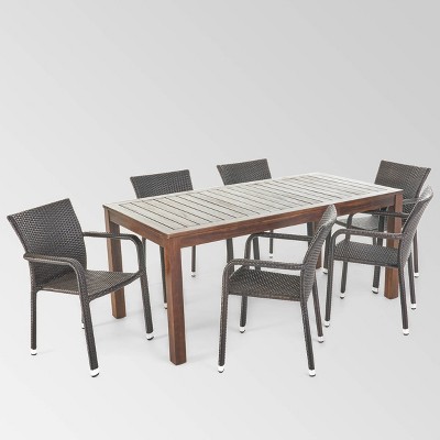 Newcastle 7pc Wood & Wicker Dining Set - Dark Brown - Christopher Knight Home