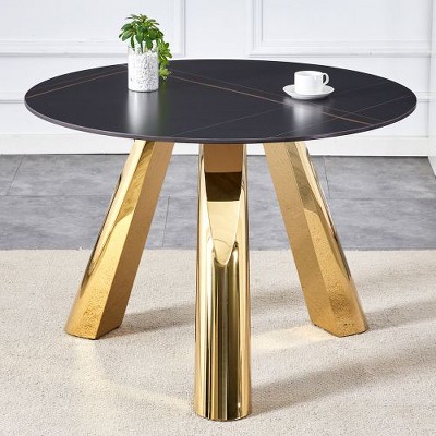 CENGHU Marble Grained Stone Round Dining Table, 42" Stainless Steel Leg Dining Table for 4-6 Pepole, 3-legged Coffee Table for Dining Room, Office