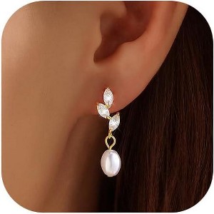 Pearl Earrings,14k Gold Plated Trendy Diamond Pearl Drop Earrings Bridal Shower Gifts Wedding jewelry for Women - 1 of 4