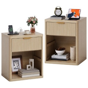 Fluted Nightstand w/ Charging Station, Mid Century Modern Bedside Table with Drawers & Open Shelf - 1 of 4