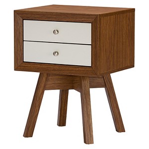 Warwick Two-tone Modern Accent Table and Nightstand Walnut/White - Baxton Studio: Dual Drawer Storage, MDF Composite Frame - 1 of 4