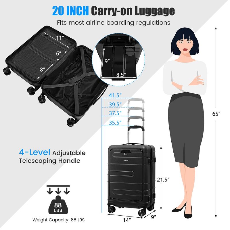 Costway 20'' Carry-on PC Hardside Suitcase TSA Lock w/ Front Pocket & USB Port Black, 4 of 11