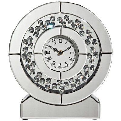 Mirrored Silver and Crystal Table Clock with Roman Numerals