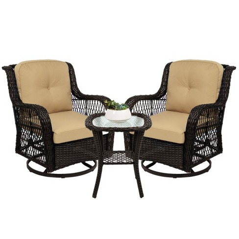 Best Choice Products 3 piece Patio Wicker Bistro Furniture Set W 2 Cushioned Swivel Rocking Chairs Side Table Beige Target