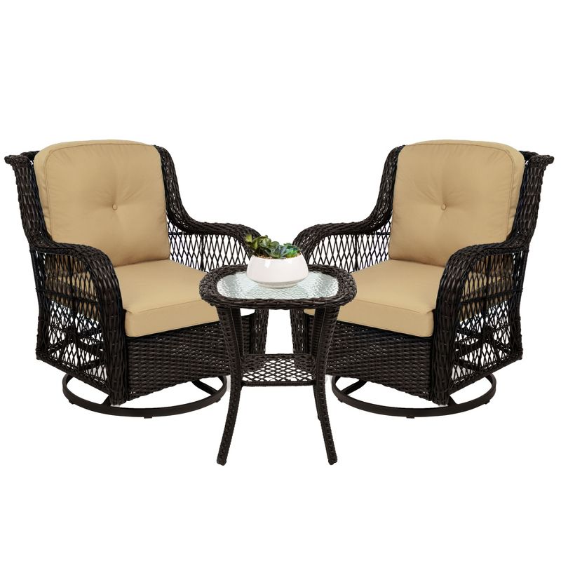Best Choice Products 3-Piece Patio Wicker Bistro Furniture Set w/ 2 Cushioned Swivel Rocking Chairs, Side Table, 1 of 9