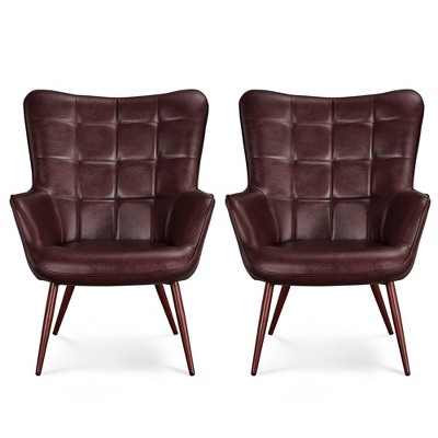 Yaheetech Set of 2 Mid-century Tufted High Back Faux Leather Accent Chair with Wood-tone Metal Leg for Living Room Bedroom Apartment
