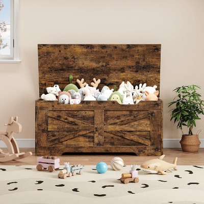 39.4" Storage Bench Wooden Toy Chest Box, Farmhouse Storage Trunk with Safety Hinge, Supports 350 lbs, for Entryway, Living Room, Bedroom¬Brown