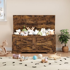 39.4" Storage Bench Wooden Toy Chest Box, Farmhouse Storage Trunk with Safety Hinge, Supports 350 lbs, for Entryway, Living Room, Bedroom¬Brown - 1 of 4