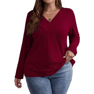 Women V Neck Long Sleeve Ribbed Fleece Pullover T Shirt Comfortable Casual Sweater Blouses - 1 of 3
