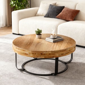 Homy Casa Round Wooden Coffee Table with Metal Base for Living Room or Small Apartment, Natural - 1 of 4