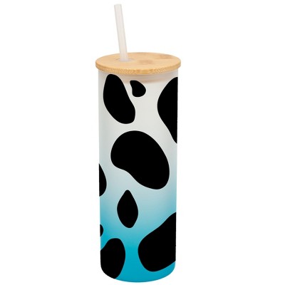 Elanze Designs Cow Animal Print Wrap-Around Design 25 Ounce Frosted Gradient Glass On-The-Go Coffee Travel Skinny Tumbler Mug Cup, Bamboo Lid and