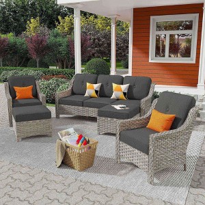 XIZZI 5 Pieces Wicker Furniture, Outside Conversation Set, 3-Seat Sofa with Cushion, High Back Rattan Chairs and Ottomans for Garden Backyard - 1 of 4