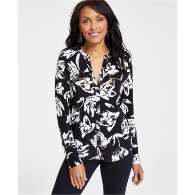 I.N.C International Concepts Womens Zip-Pocket Floral Print Knit Blouse, White, PP/PXS