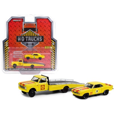 1967 Chevrolet C-30 Ramp Truck & 1969 Chevrolet Camaro #28 "Shell" Yellow w/Red Stripes 1/64 Diecast Model Cars by Greenlight