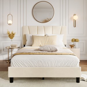 Bed Frame with Adjustable Headboard, Linen Upholstered Full Platform Bedframe with Strong Wooden Slats - 1 of 4