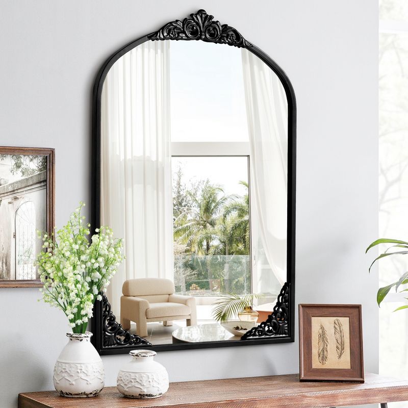 Neutypechic Vintage  Arched Metal Frame Decorative Wall Mirror with Floral Carvings - 38"x26", Black, 2 of 9