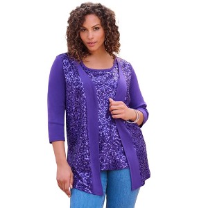 Roaman's Women's Plus Size Sequin-Panelled Tank & Cardigan Set - 1 of 4