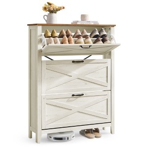 Farmhouse Shoe Storage Cabinet with 3 Flip Drawers, Freestanding Narrow Shoe Organizer, Fits 18 to 24 Pairs, White - 1 of 4