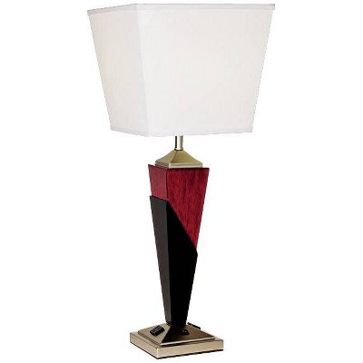 360 Lighting Modern Table Lamp with AC Power Outlet in Base Tapered Wood Column Inverted Linen Shade Living Room Bedroom Bedside