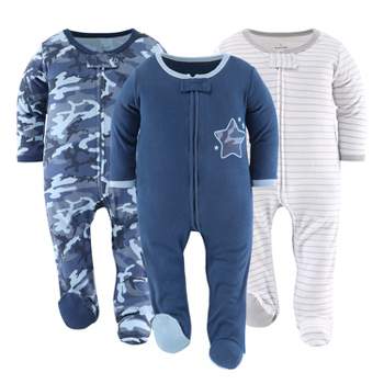 The Peanutshell Blue Camo Footed Baby Sleepers for Boys, 3-Pack, Newborn to 9 Months