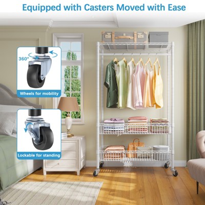 White Metal Free-Standing Closet with Adjustable Shelves and Wheels