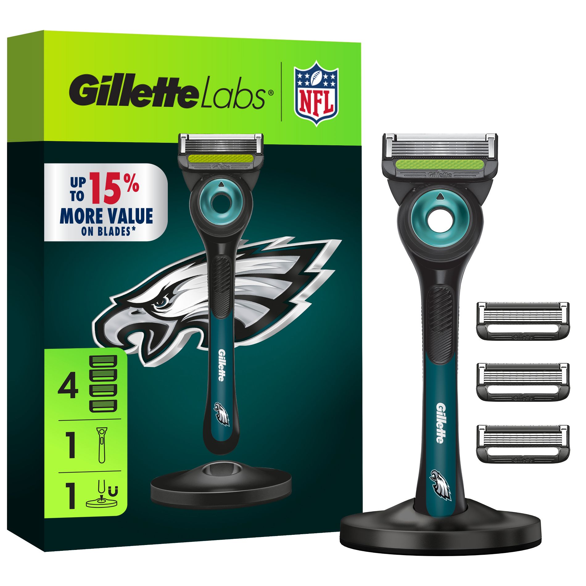Gillette Labs Men's Special NFL Eagles Edition Shaving Razor with 4 Refills and Magnetic Stand