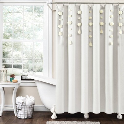 White Cotton Extra long Shower Curtain with 2024 Pom Pom Trim - color options