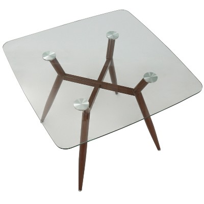 Clara Contemporary Mid-Century Modern Square Walnut and Glass Dining Table