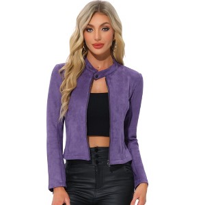 Allegra K Women's Faux Suede Stand Collar Zip Up Long Sleeve Moto Biker Jacket - 1 of 4