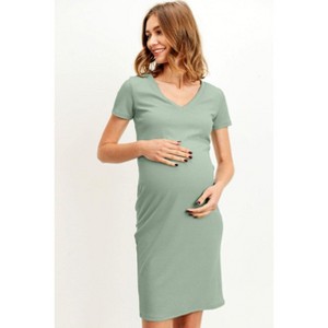 Hello Miz Fitted Short Sleeve Ribbed V Neck Maternity Dress - 1 of 3
