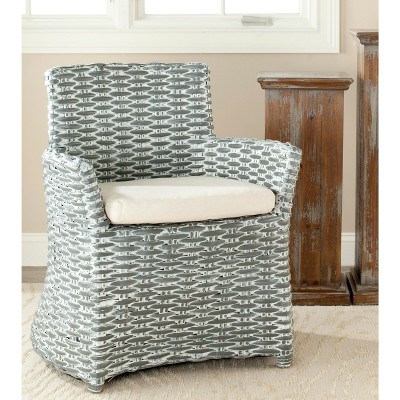 Modern Coastal Cabana Rattan Arm Chair with Beige Cushion - Grey White Wash