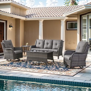 Gymojoy 5 Pieces Outdoor Wicker Sofa with Swivel Chairs, Coffee Table, Patio Furniture Set - 1 of 4