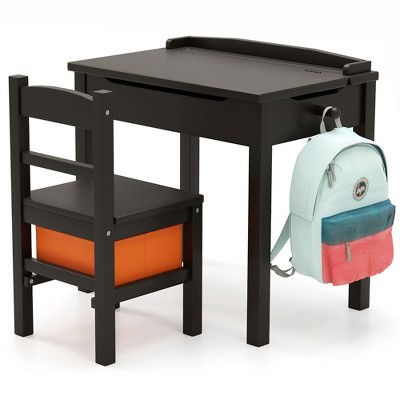 Tangkula Kids Table and Chair Set Wood Activity Study Desk w/ Storage Drawer Hook Brown