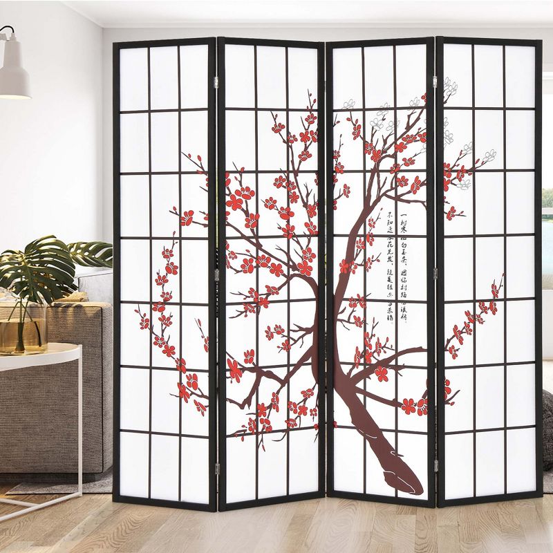 Costway 4-Panel Japanese Style Folding Room Divider with Elegant Plum Blossom Design Indoor, 2 of 11