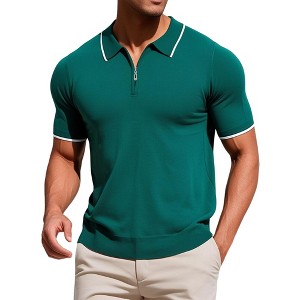 INSPIRE CHIC Men's Formal Solid Color Short Sleeved Zipper Slim Fit Classic Knit Polo Shirts - 1 of 4